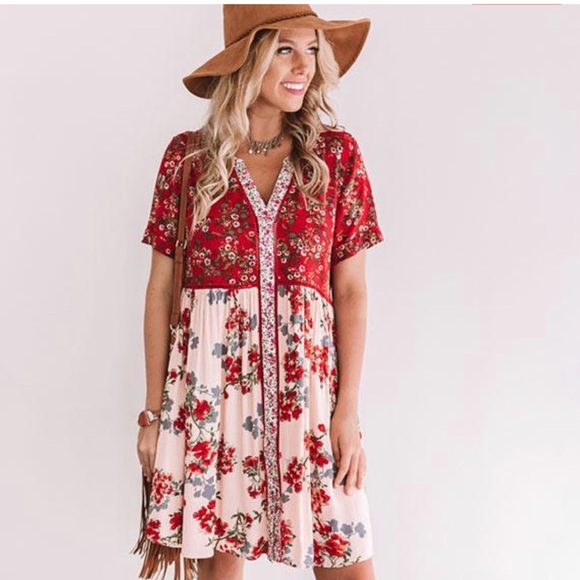 ODDY Dresses & Skirts - Red and Pink Floral Babydoll Dress